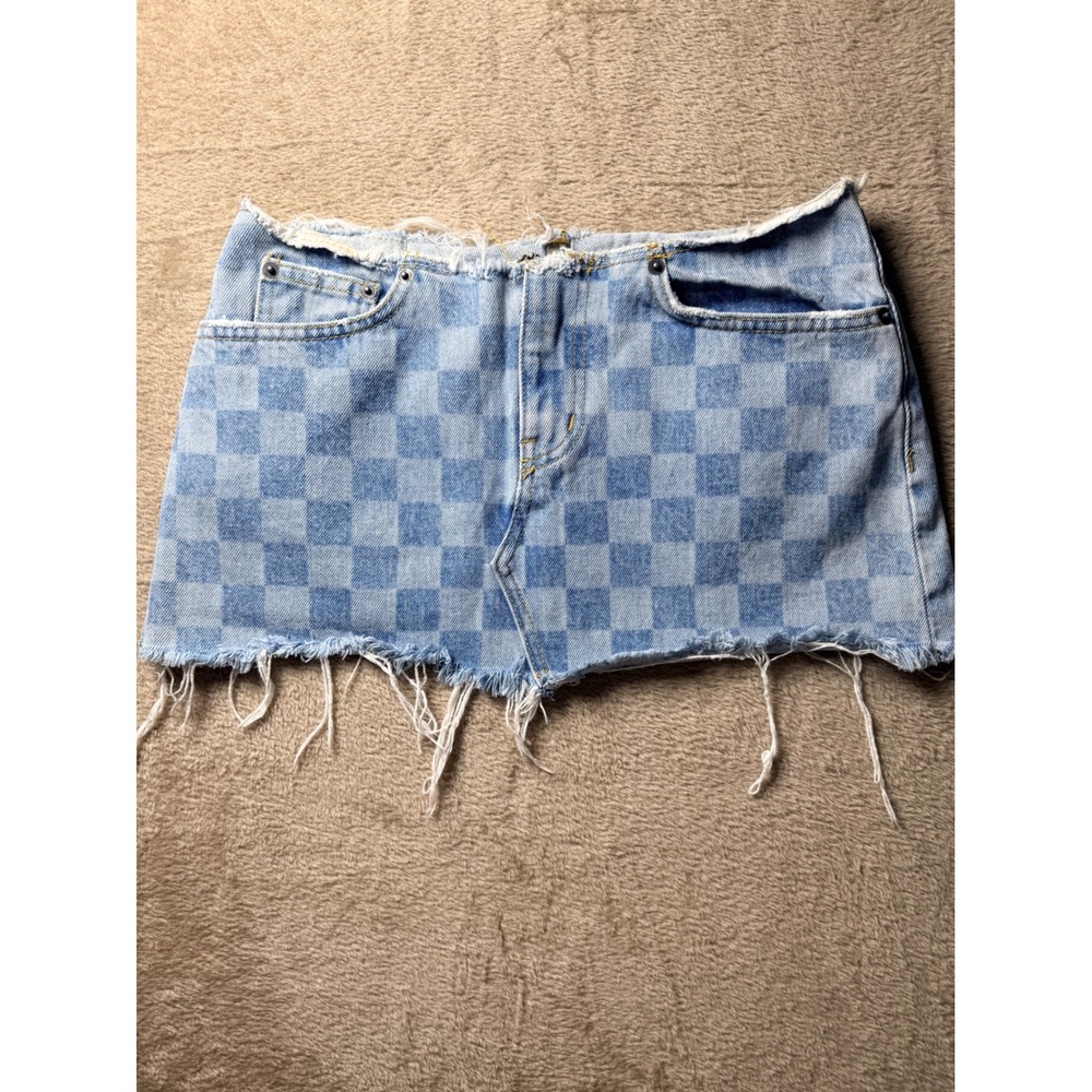 Carmar Denim Checkered Distressed Mini Skirt  Raw‎ Hem Size 25 y2K Grunge Indie